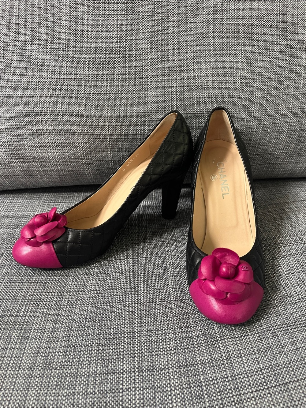 CHANEL Black Quilted Leather Pumps with Fuchsia Camellia Cap Toe, Sz 41